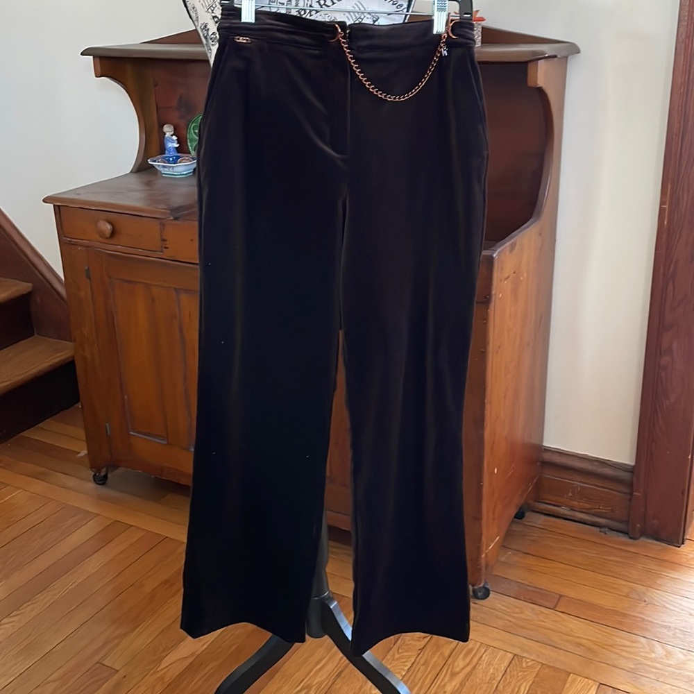 St. John brown velveteen pants with copper chain detail.